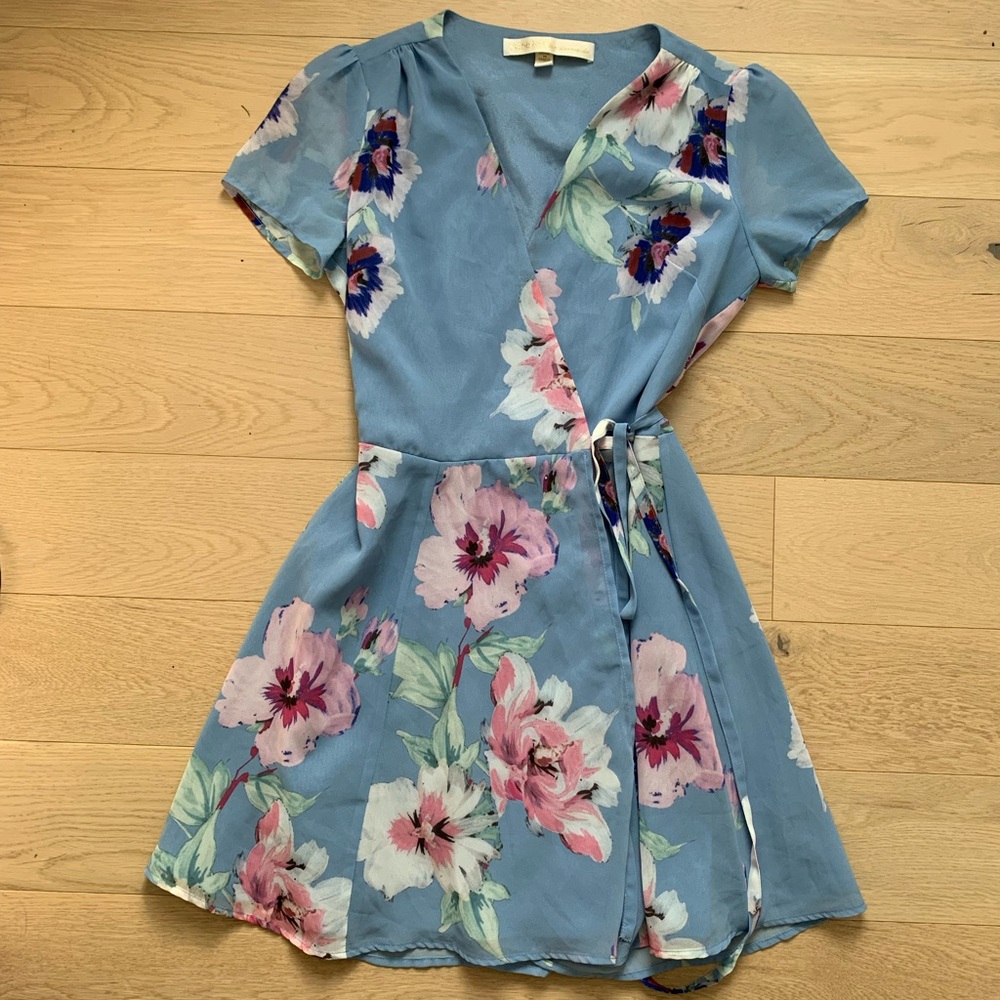 Yumi Kim Sky Blue Floral Wrap Mini Dress